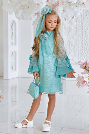 Kız Çocuk Boydan Üzeri Dantel İşlemeli Fiyonk Detaylı İspanyol Kollu Su Yeşili Elbise