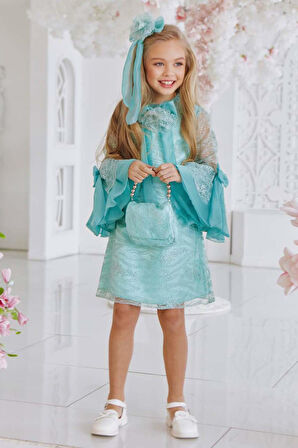 Kız Çocuk Boydan Üzeri Dantel İşlemeli Fiyonk Detaylı İspanyol Kollu Su Yeşili Elbise