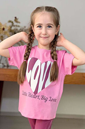 Kız Çocuk Love Kalp Baskılı T-Shirt Şerit Yazı Detaylı Pembe Eşofman Takım