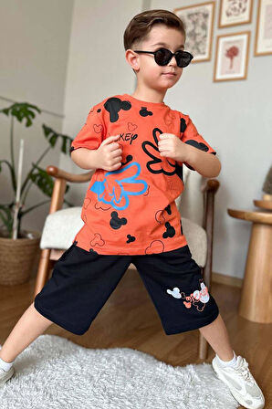 Erkek Çocuk Parmak ve Ayıcık Baskılı Turuncu T-Shirt Şortlu Takım