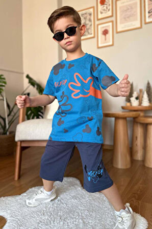 Erkek Çocuk Parmak ve Ayıcık Baskılı Lacivert T-Shirt Şortlu Takım