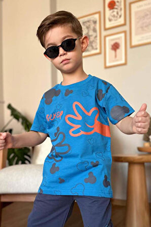 Erkek Çocuk Parmak ve Ayıcık Baskılı Lacivert T-Shirt Şortlu Takım