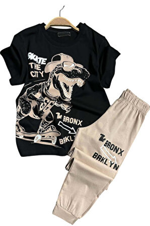 Erkek Çocuk Dinazor ve Kaykay Baskılı Yazı Detaylı Bej Pijama Takımı