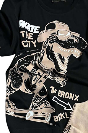 Erkek Çocuk Dinazor ve Kaykay Baskılı Yazı Detaylı Bej Pijama Takımı