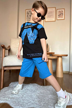 Erkek Çocuk W Harf Why Not Baskılı T-Shirt Mavi Şortlu Takım
