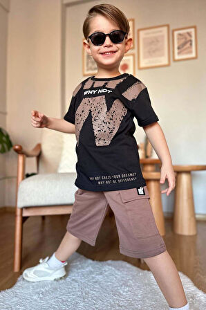 Erkek Çocuk W Harf Why Not Baskılı T-Shirt Kahverengi Şortlu Takım
