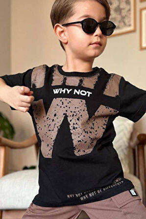 Erkek Çocuk W Harf Why Not Baskılı T-Shirt Kahverengi Şortlu Takım