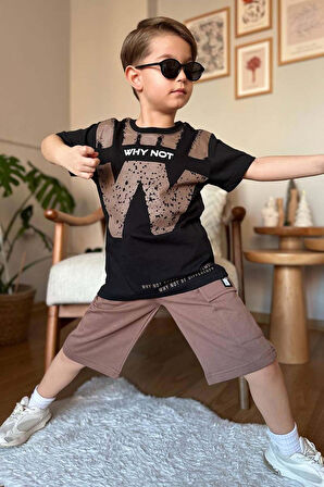 Erkek Çocuk W Harf Why Not Baskılı T-Shirt Kahverengi Şortlu Takım