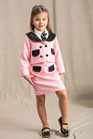 Kız Çocuk New Güpür İşlemeli Cep Detaylı ve Broşlu Pembe Etekli Takım