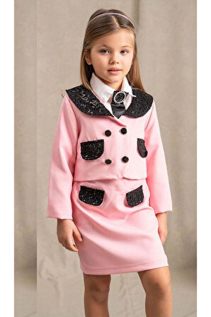 Kız Çocuk New Güpür İşlemeli Cep Detaylı ve Broşlu Pembe Etekli Takım