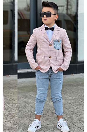 Erkek Çocuk Çizgili Blazer Ceket Kot Pantolon Pudra Şeker Alt Üst Takım