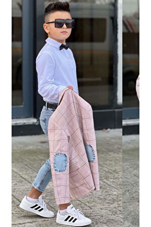 Erkek Çocuk Çizgili Blazer Ceket Kot Pantolon Pudra Şeker Alt Üst Takım