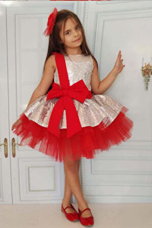 Kız Çocuk Önü ve Arkası Fiyonk Detaylı Üstü Pulpayet İşlemeli Etek Ucu Tüllü Gümüş Abiye