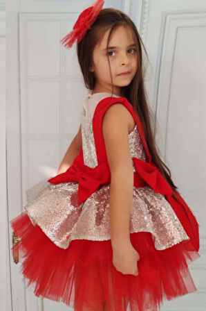 Kız Çocuk Önü ve Arkası Fiyonk Detaylı Üstü Pulpayet İşlemeli Etek Ucu Tüllü Gümüş Abiye