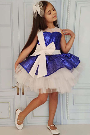 Kız Çocuk Önü ve Arkası Fiyonk Detaylı Üstü Pulpayet İşlemeli Etek Ucu Tüllü Saks Abiye