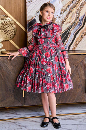 Kız Çocuk Göğsü Fırfırlı Yakası Kurdele Detaylı Gül Desenli Kırmızı Elbise