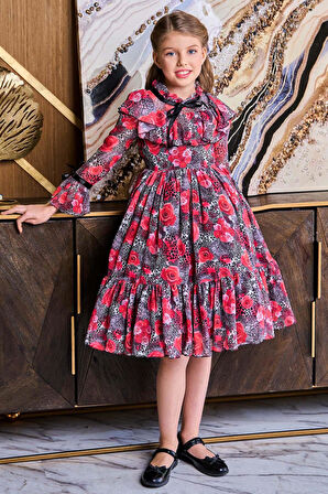 Kız Çocuk Göğsü Fırfırlı Yakası Kurdele Detaylı Gül Desenli Kırmızı Elbise