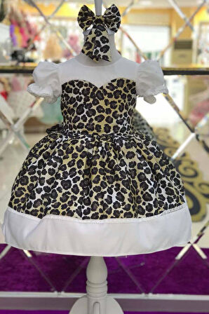 Kız Çocuk Karpuz Kollu Etek Ucu Şerit Üzeri Leopar Desenli Abiye