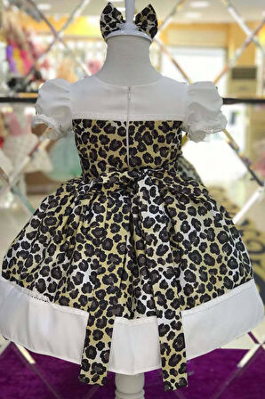 Kız Çocuk Karpuz Kollu Etek Ucu Şerit Üzeri Leopar Desenli Abiye