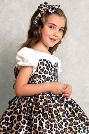 Kız Çocuk Karpuz Kollu Etek Ucu Şerit Üzeri Leopar Desenli Abiye