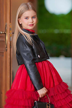 Kız Çocuk Sıfır Kol Beli Taş Şerit Detaylı Eteği Kat Kat Tüllü Parlak Deri Ceketli Kırmızı Elbise