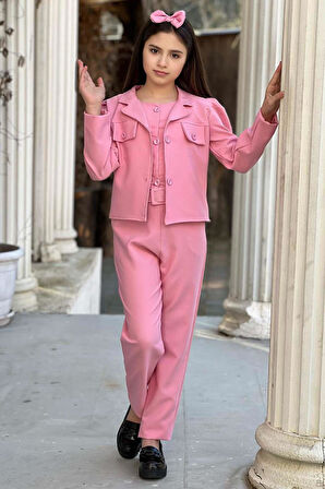Kız Çocuk Kolsuz Penye Gömlek Cep Detaylı Blazer Ceket Kemerli Pantolon Pembe Alt Üst Takım