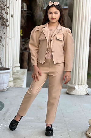 Kız Çocuk Kolsuz Penye Gömlek Cep Detaylı Blazer Ceket Kemerli Pantolon Krem Alt Üst Takım