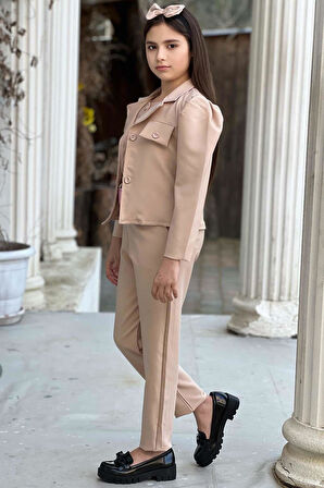 Kız Çocuk Kolsuz Penye Gömlek Cep Detaylı Blazer Ceket Kemerli Pantolon Krem Alt Üst Takım