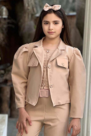 Kız Çocuk Kolsuz Penye Gömlek Cep Detaylı Blazer Ceket Kemerli Pantolon Krem Alt Üst Takım