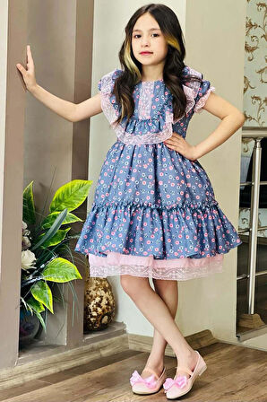 Kız Çocuk Göğsü ve Omuzları Fırfır Dantel İşlemeli Üzeri Çiçek Detaylı Elbise