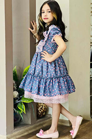 Kız Çocuk Göğsü ve Omuzları Fırfır Dantel İşlemeli Üzeri Çiçek Detaylı Elbise