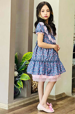 Kız Çocuk Göğsü ve Omuzları Fırfır Dantel İşlemeli Üzeri Çiçek Detaylı Elbise