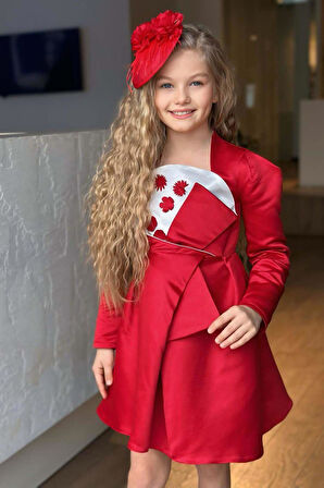 Kız Çocuk Kare Yaka Göğsü Pano Çiçek Asimetrik Kesim Kırmızı Elbise