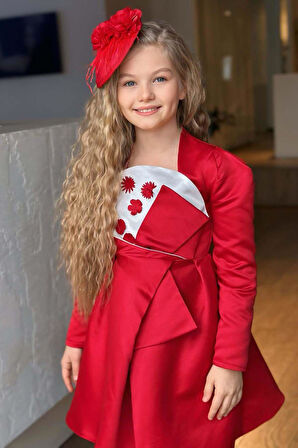 Kız Çocuk Kare Yaka Göğsü Pano Çiçek Asimetrik Kesim Kırmızı Elbise