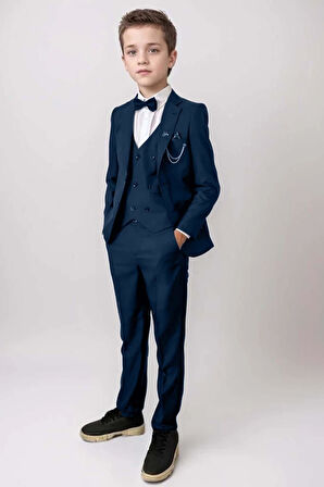 Erkek Çocuk Blazer Ceketli, Cepken Yelekli Lacivert Takım Elbise 5-9 Yaş
