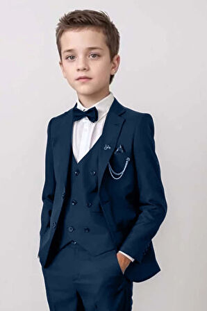 Erkek Çocuk Blazer Ceketli, Cepken Yelekli Lacivert Takım Elbise 5-9 Yaş
