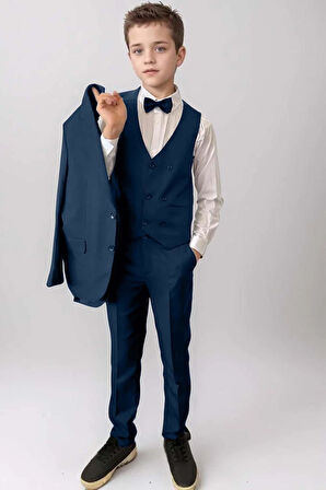 Erkek Çocuk Blazer Ceketli, Cepken Yelekli Lacivert Takım Elbise 5-9 Yaş