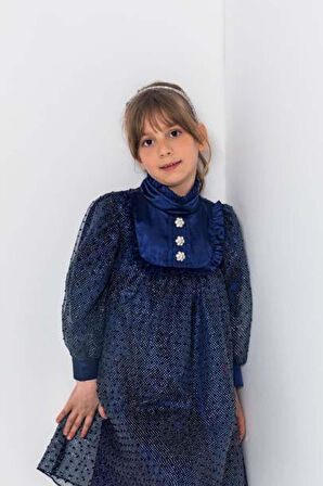 Kız Çocuk Üzeri Benekli ve Pullu İçi Astarlı Yakası Fırfırlı Lacivert Elbise