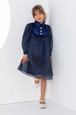 Kız Çocuk Üzeri Benekli ve Pullu İçi Astarlı Yakası Fırfırlı Lacivert Elbise