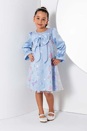 Kız Çocuk Göğsü Kurdele ve Üzeri Kelebek İşlemeli İspanyol Kollu Mavi Şifon Elbise