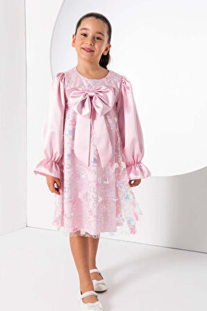 Kız Çocuk Göğsü Kurdele ve Üzeri Kelebek İşlemeli İspanyol Kollu Pembe Şifon Elbise