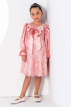 Kız Çocuk Göğsü Kurdele ve Üzeri Kelebek İşlemeli İspanyol Kollu Somon Şifon Elbise