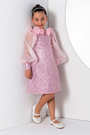 Kız Çocuk Yakası Boydan Gül Broş Detaylı Bilekleri ve Üzeri Pullu Karpuz Kollu Pembe Elbise