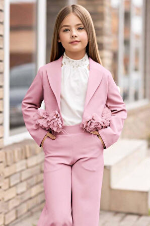 Kız Çocuk Çiçek Broş Detaylı Blazer Ceket Halter Yaka Taş Detaylı Bluz Pembe Alt Üst Takım