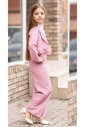 Kız Çocuk Çiçek Broş Detaylı Blazer Ceket Halter Yaka Taş Detaylı Bluz Pembe Alt Üst Takım