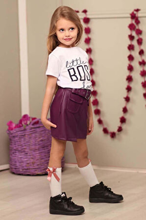 Kız Çocuk Little Boss Yazı Baskılı T-Shirt Cep Detaylı Kemerli Bordo Deri Etekli Takım