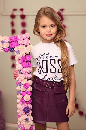 Kız Çocuk Little Boss Yazı Baskılı T-Shirt Cep Detaylı Kemerli Bordo Deri Etekli Takım