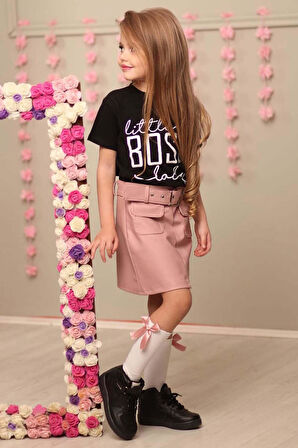 Kız Çocuk Little Boss Yazı Baskılı T-Shirt Cep Detaylı Kemerli Pudra Deri Etekli Takım