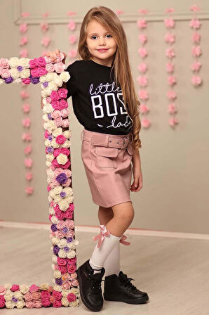 Kız Çocuk Little Boss Yazı Baskılı T-Shirt Cep Detaylı Kemerli Pudra Deri Etekli Takım
