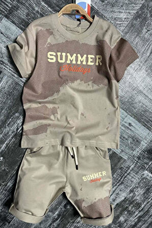 Erkek Çocuk Summer Yazı Baskılı  Cep ve İp Detaylı Bej Şortlu Takım